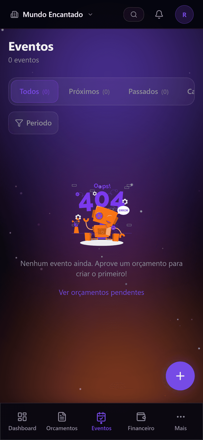 Tela de eventos do Konfetti